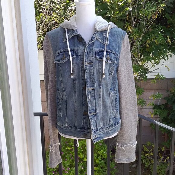 Free People Distressed Denim Gray Knit Sleeves and Hoodie Jacket Med - Picture 2 of 8